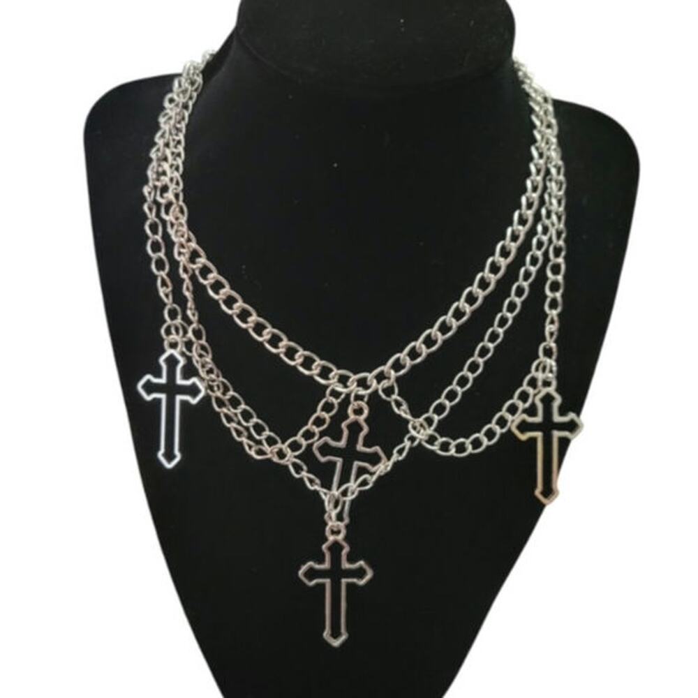 Layered chain gothic cross silver tone necklace